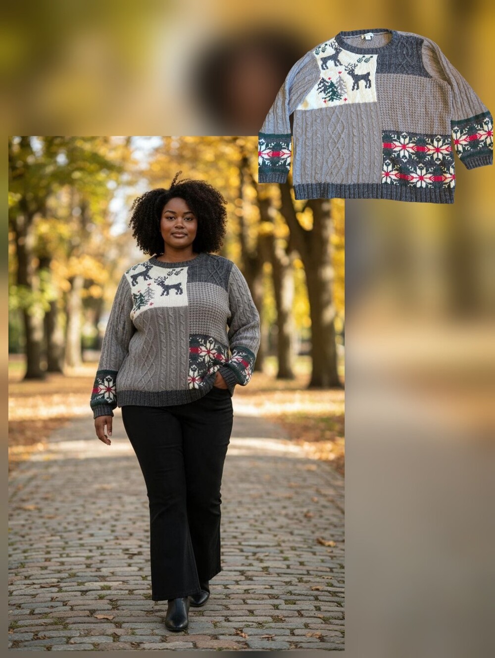 Coldwater Creek Christmas Sweater Chunky Knit Patchwork Nordic Reindeer Tree 2X